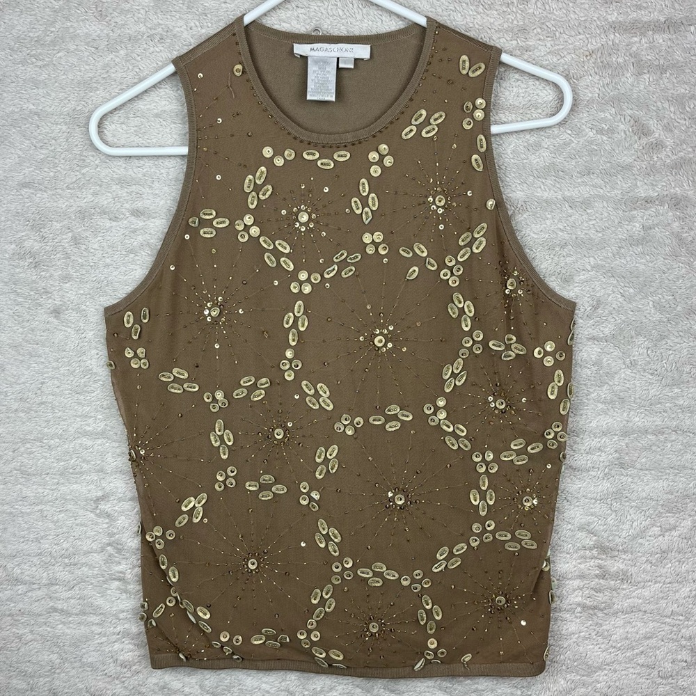 Magaschoni Glamorous Silk Sleeveless Top Sz Large Sequined Beaded Bling Festival